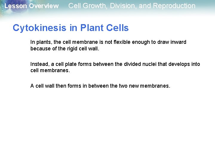 Lesson Overview Cell Growth, Division, and Reproduction Cytokinesis in Plant Cells In plants, the