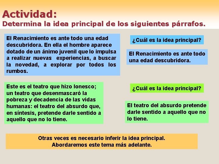 Actividad: Determina la idea principal de los siguientes párrafos. El Renacimiento es ante todo