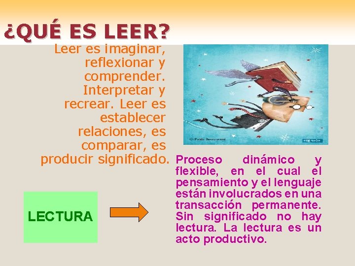 ¿QUÉ ES LEER? Leer es imaginar, reflexionar y comprender. Interpretar y recrear. Leer es