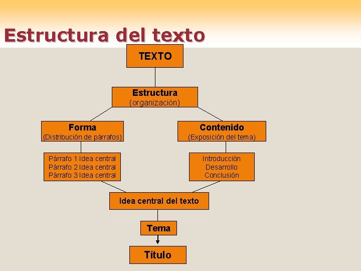 Estructura del texto TEXTO Estructura (organización) Forma Contenido (Distribución de párrafos) (Exposición del tema)