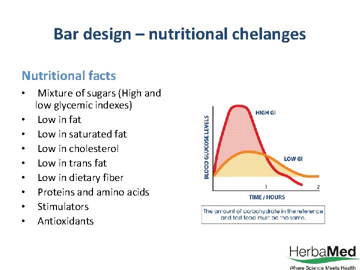 Bar design – nutritional chelanges Nutritional facts • • • Mixture of sugars (High