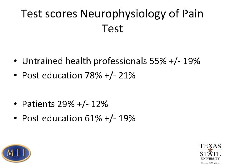 Test scores Neurophysiology of Pain Test • Untrained health professionals 55% +/- 19% •