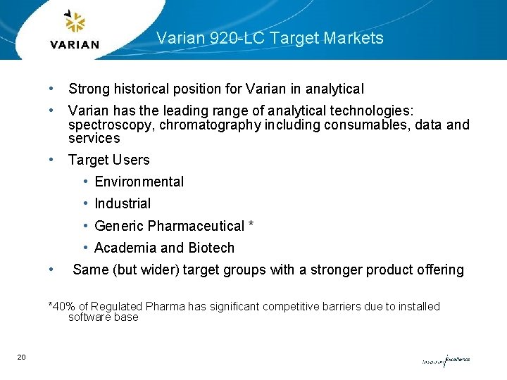 Varian 920 -LC Target Markets • Strong historical position for Varian in analytical •