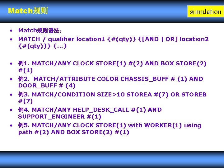 Match规则 simulation • Match规则语法： • MATCH / qualifier location 1 {#(qty)} {[AND | OR]