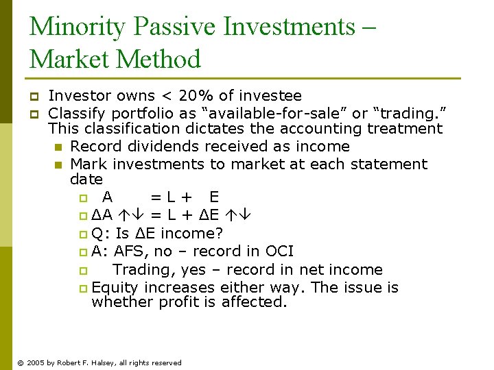 Minority Passive Investments – Market Method p p Investor owns < 20% of investee