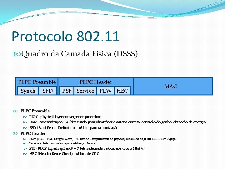 Protocolo 802. 11 Quadro da Camada Física (DSSS) PLPC Preamble Synch SFD PLPC Header Protocolo 802. 11 Quadro da Camada Física (DSSS) PLPC Preamble Synch SFD PLPC Header