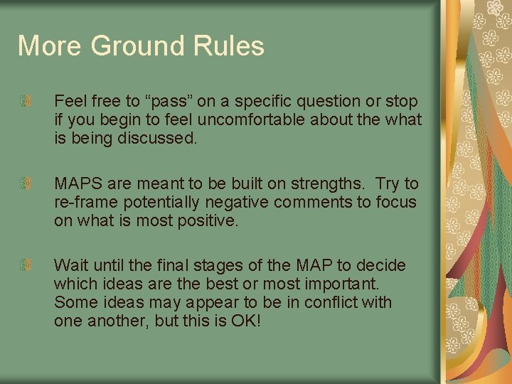 More Ground Rules Feel free to “pass” on a specific question or stop if