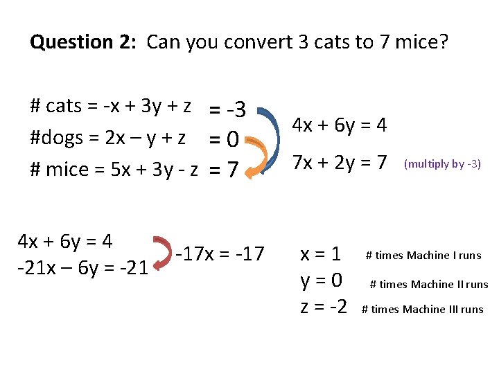 Question 2: Can you convert 3 cats to 7 mice? # cats = -x