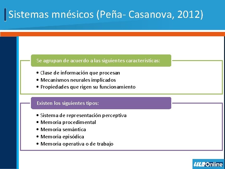 Sistemas mnésicos (Peña- Casanova, 2012) Se agrupan de acuerdo a las siguientes características: •