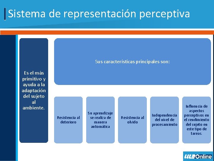 Sistema de representación perceptiva Sus características principales son: Es el más primitivo y ayuda