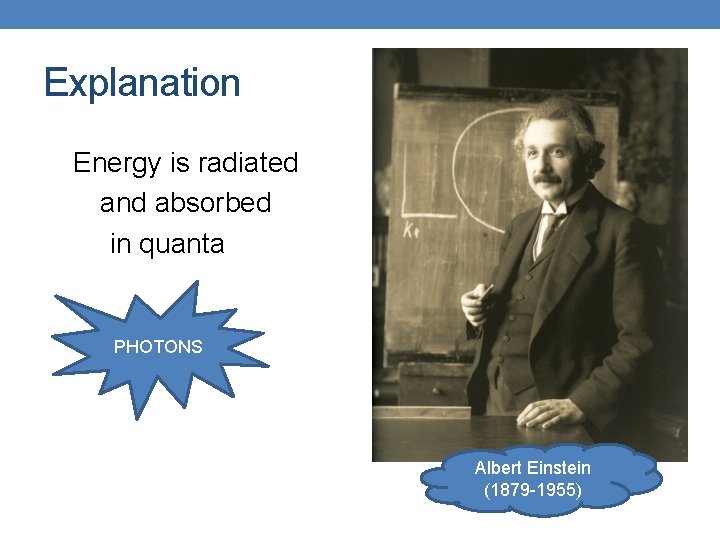 Explanation Energy is radiated and absorbed in quanta PHOTONS Albert Einstein (1879 -1955) 