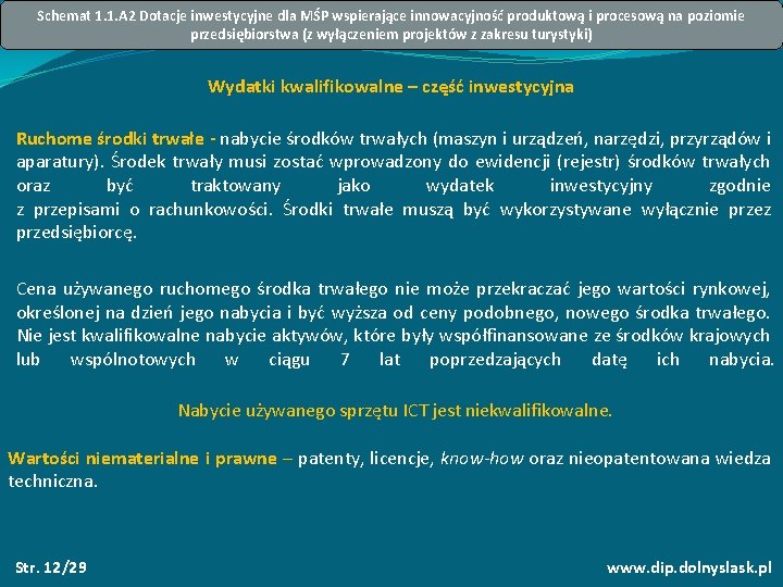 Schemat 1. 1. A 2 Dotacje inwestycyjne dla MŚP wspierające innowacyjność produktową i procesową