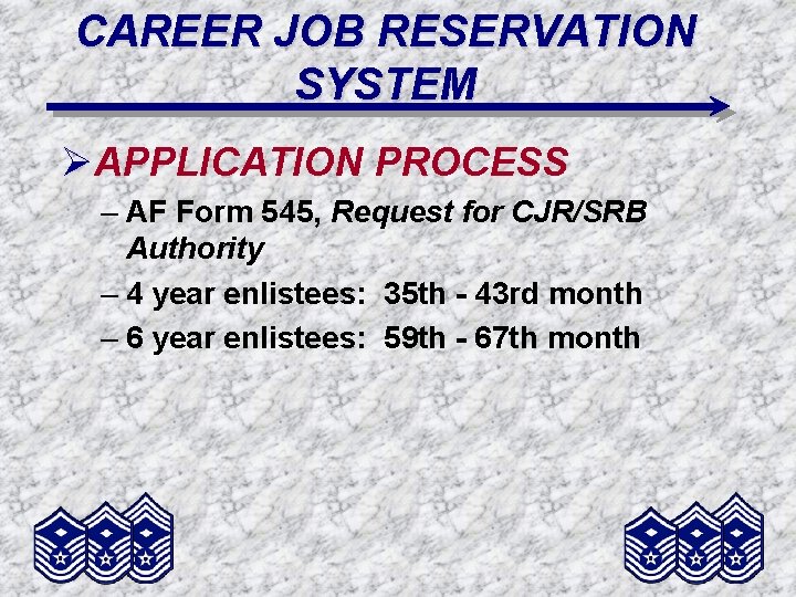 CAREER JOB RESERVATION SYSTEM ØAPPLICATION PROCESS – AF Form 545, Request for CJR/SRB Authority