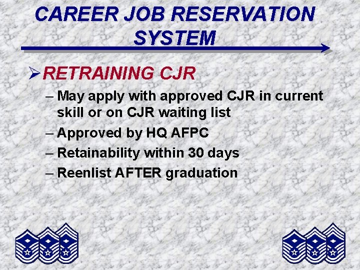 CAREER JOB RESERVATION SYSTEM ØRETRAINING CJR – May apply with approved CJR in current
