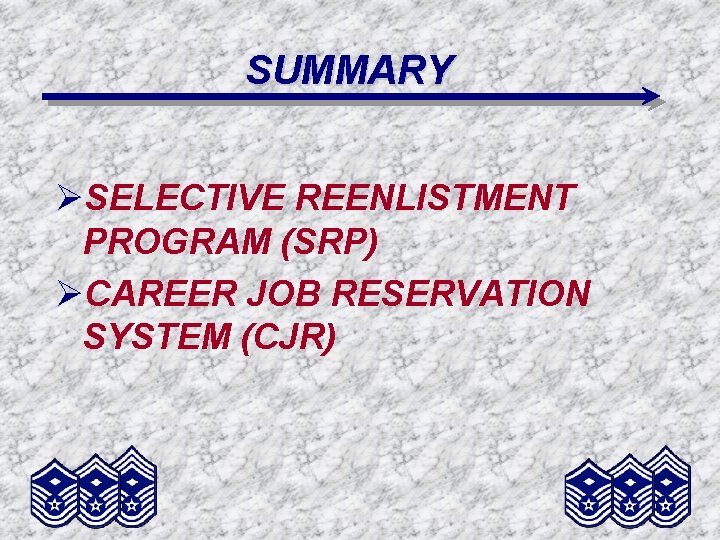 SUMMARY ØSELECTIVE REENLISTMENT PROGRAM (SRP) ØCAREER JOB RESERVATION SYSTEM (CJR) 
