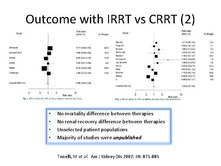 Outcome with IRRT vs CRRT (2) • • No mortality difference between therapies No