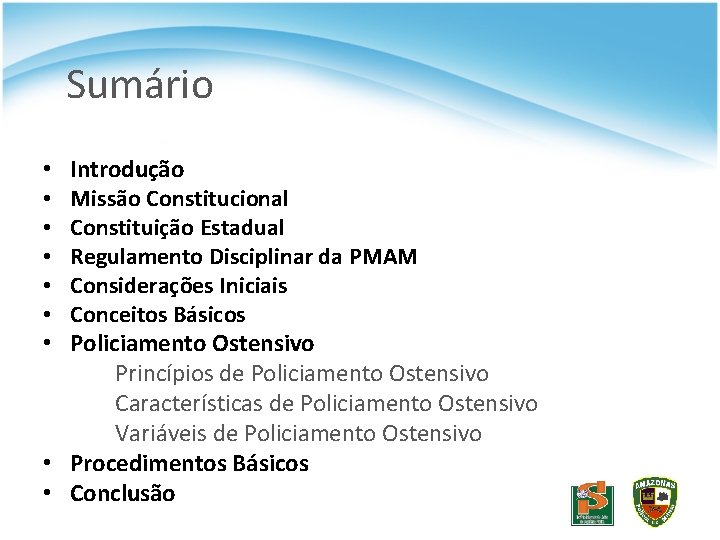 Sumário Introdução Missão Constitucional Constituição Estadual Regulamento Disciplinar da PMAM Considerações Iniciais Conceitos Básicos