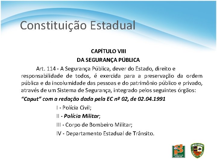 Constituição Estadual CAPÍTULO VIII DA SEGURANÇA PÚBLICA Art. 114 - A Segurança Pública, dever