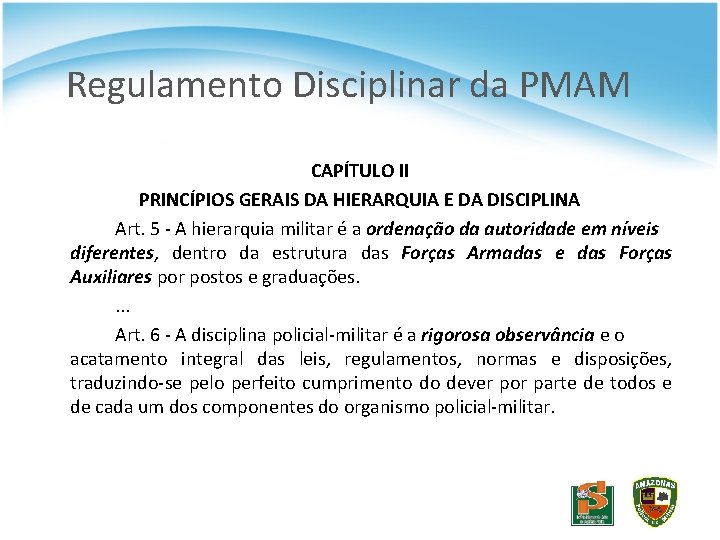 Regulamento Disciplinar da PMAM CAPÍTULO II PRINCÍPIOS GERAIS DA HIERARQUIA E DA DISCIPLINA Art.