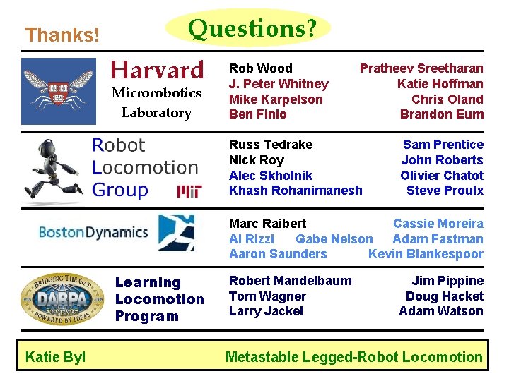Thanks! Questions? Harvard Microrobotics Laboratory Rob Wood J. Peter Whitney Mike Karpelson Ben Finio Thanks! Questions? Harvard Microrobotics Laboratory Rob Wood J. Peter Whitney Mike Karpelson Ben Finio