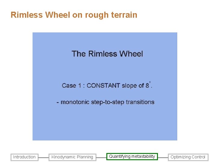 Rimless Wheel on rough terrain Introduction Kinodynamic Planning Quantifying metastability Optimizing Control Rimless Wheel on rough terrain Introduction Kinodynamic Planning Quantifying metastability Optimizing Control