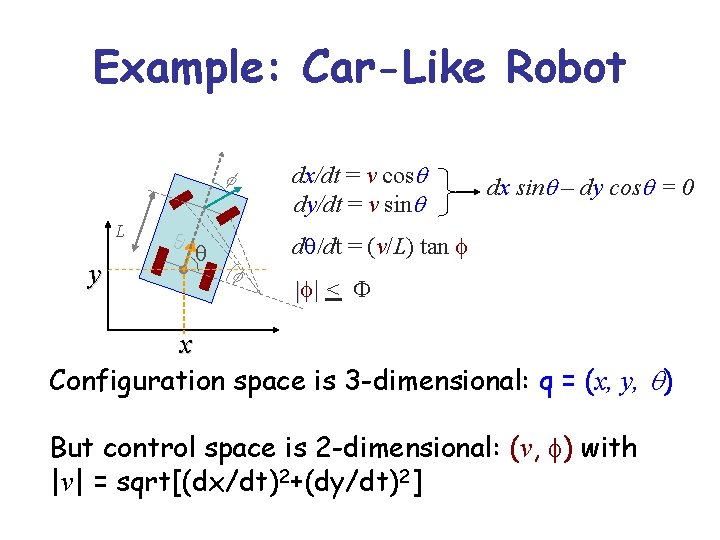 Example: Car-Like Robot dx/dt = v cosq dy/dt = v sinq f y q