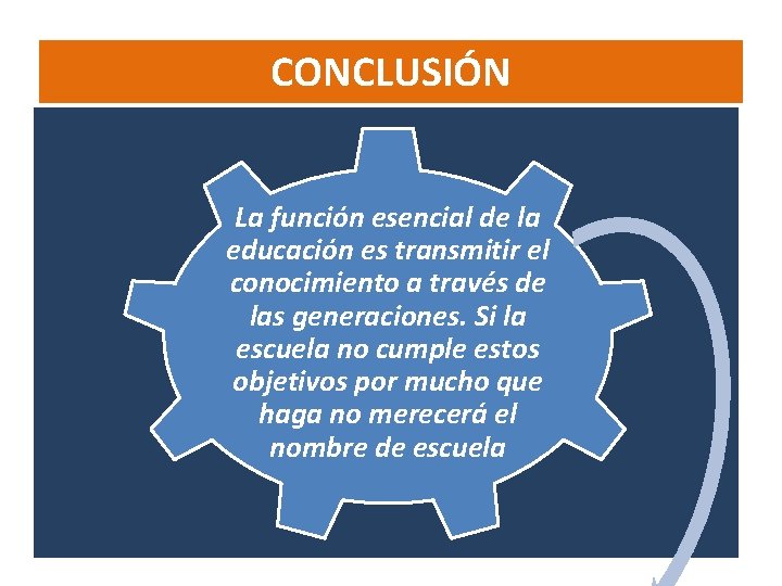 CONCLUSIÓN La función esencial de la educación es transmitir el conocimiento a través de