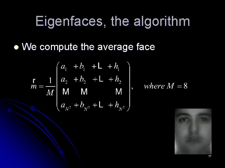 Eigenfaces, the algorithm l We compute the average face 11 