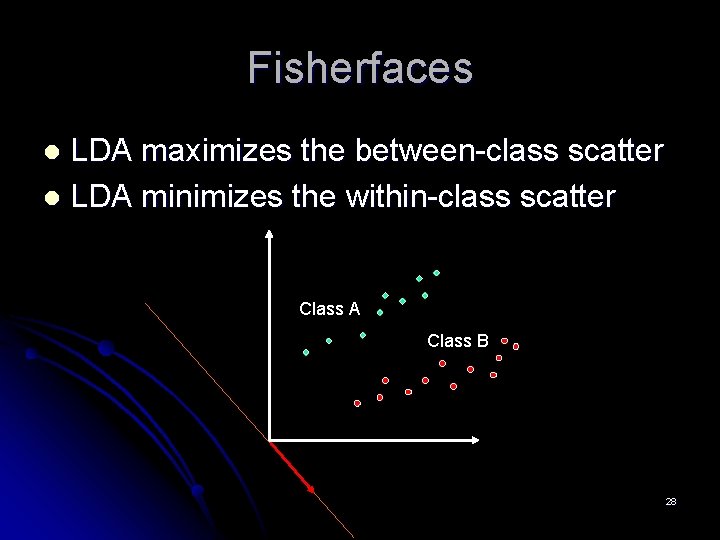 Fisherfaces LDA maximizes the between-class scatter l LDA minimizes the within-class scatter l Class