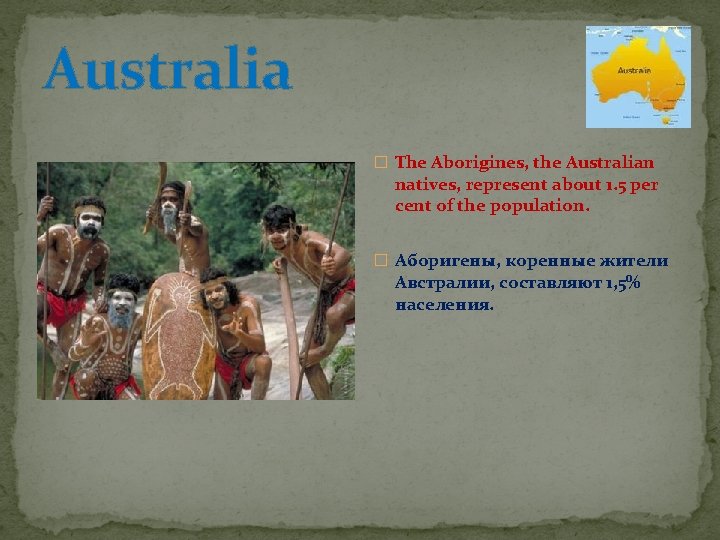 Australia � The Aborigines, the Australian natives, represent about 1. 5 per cent of