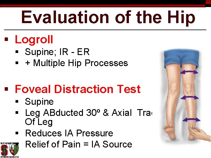 Evaluation of the Hip § Logroll § Supine; IR - ER § + Multiple