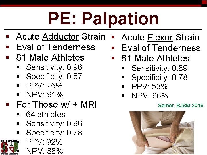 PE: Palpation § Acute Adductor Strain § Acute Flexor Strain § Eval of Tenderness