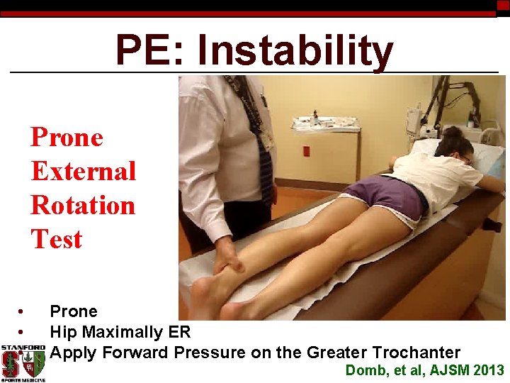 PE: Instability Prone External Rotation Test • • • Prone Hip Maximally ER Apply