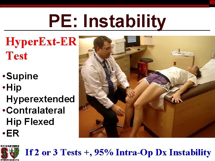 PE: Instability Hyper. Ext-ER Test • Supine • Hip Hyperextended • Contralateral Hip Flexed