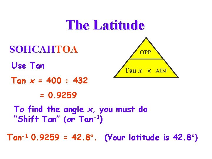 The Latitude SOHCAHTOA Use Tan OPP Tan x ADJ Tan x = 400 432