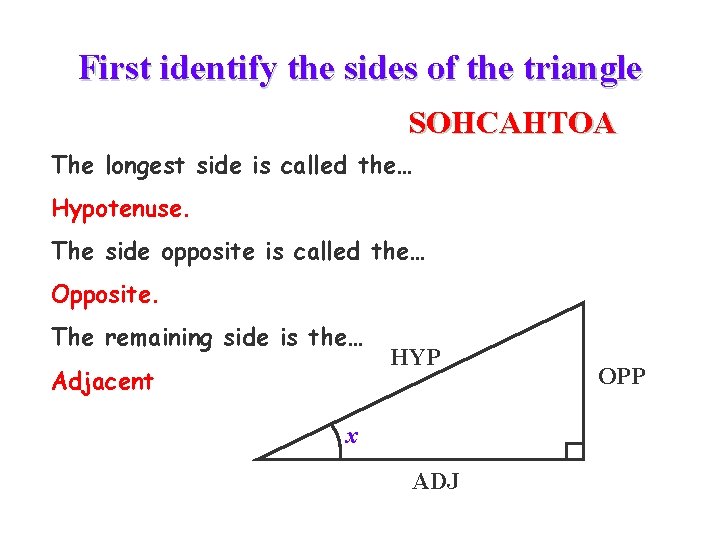 First identify the sides of the triangle SOHCAHTOA The longest side is called the…