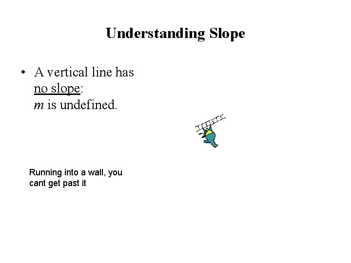 Understanding Slope • A vertical line has no slope: m is undefined. Running into