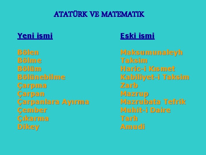 ATATÜRK VE MATEMATIK Yeni ismi Eski ismi Bölen Bölme Bölüm Bölünebilme Çarpma Çarpanlara Ayırma