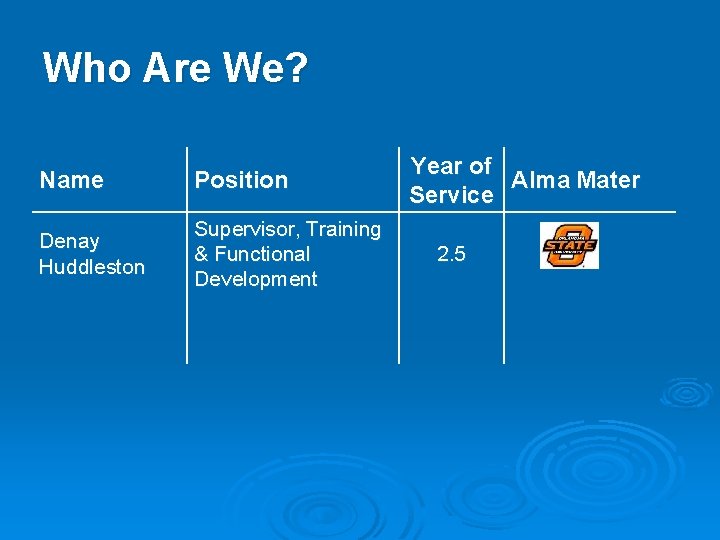Who Are We? Name Position Denay Huddleston Supervisor, Training & Functional Development Year of