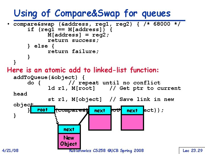 Using of Compare&Swap for queues • compare&swap (&address, reg 1, reg 2) { /*