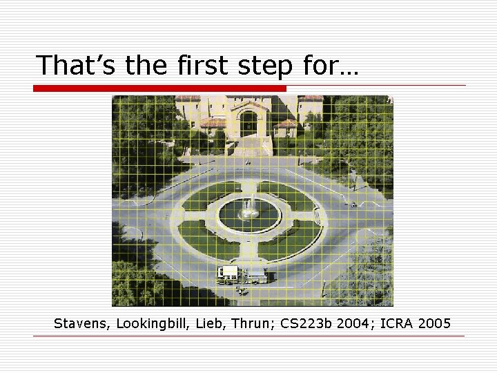That’s the first step for… Stavens, Lookingbill, Lieb, Thrun; CS 223 b 2004; ICRA