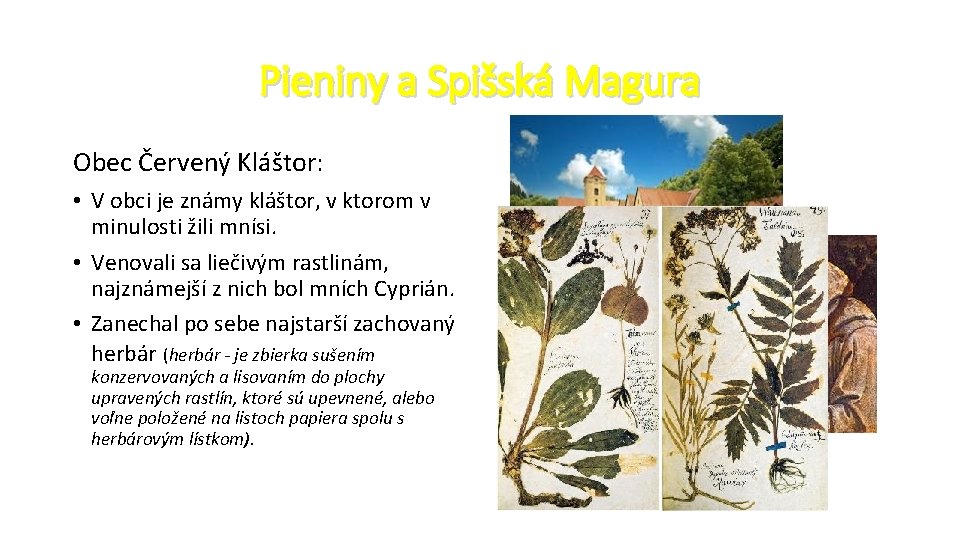 Pieniny a Spišská Magura Obec Červený Kláštor: • V obci je známy kláštor, v