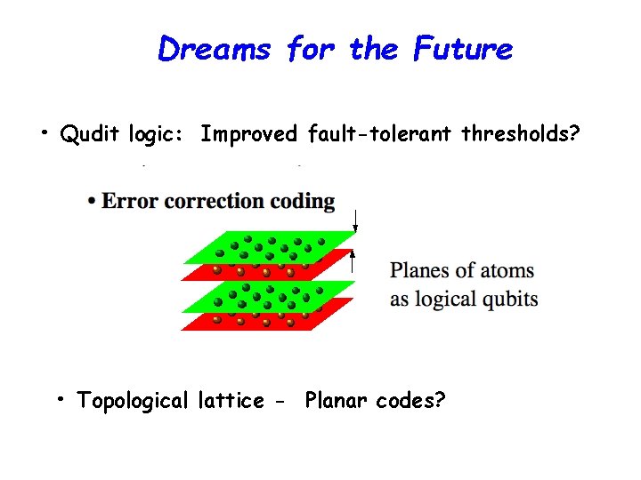 Dreams for the Future • Qudit logic: Improved fault-tolerant thresholds? • Topological lattice -