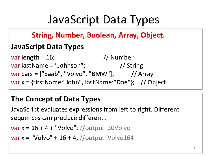 Java. Script Data Types String, Number, Boolean, Array, Object. Java. Script Data Types var
