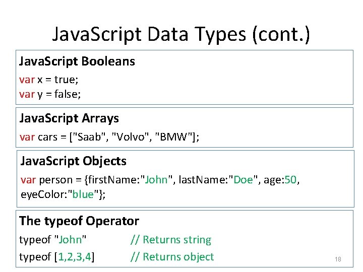 Java. Script Data Types (cont. ) Java. Script Booleans var x = true; var