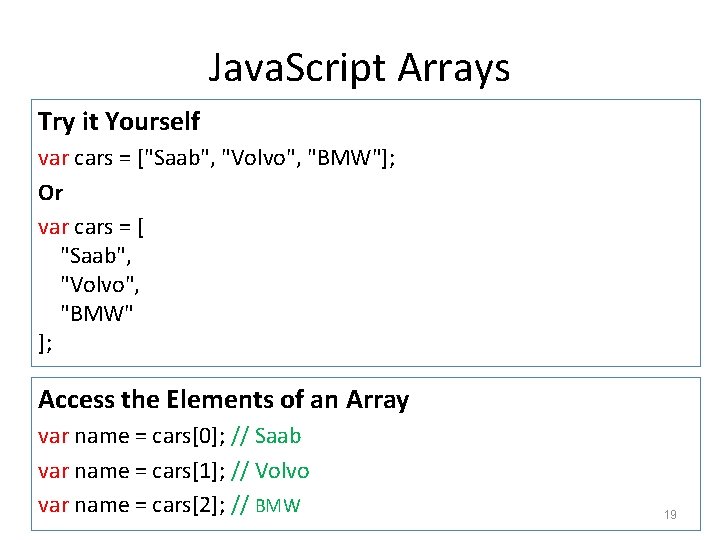 Java. Script Arrays Try it Yourself var cars = ["Saab", "Volvo", "BMW"]; Or var