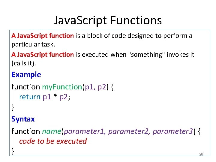 Java. Script Functions A Java. Script function is a block of code designed to