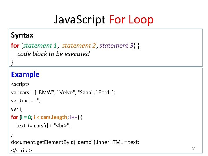 Java. Script For Loop Syntax for (statement 1; statement 2; statement 3) { code