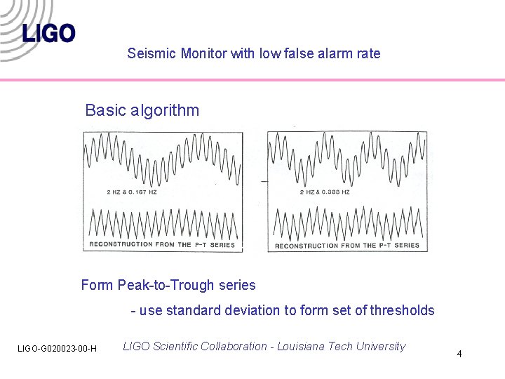 Seismic Monitor with low false alarm rate Basic algorithm Form Peak-to-Trough series - use