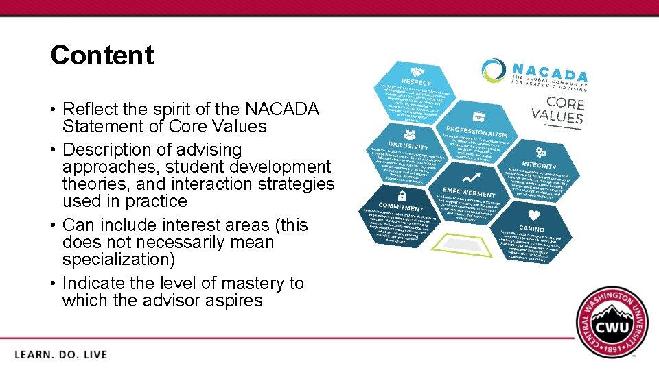 Content • Reflect the spirit of the NACADA Statement of Core Values • Description